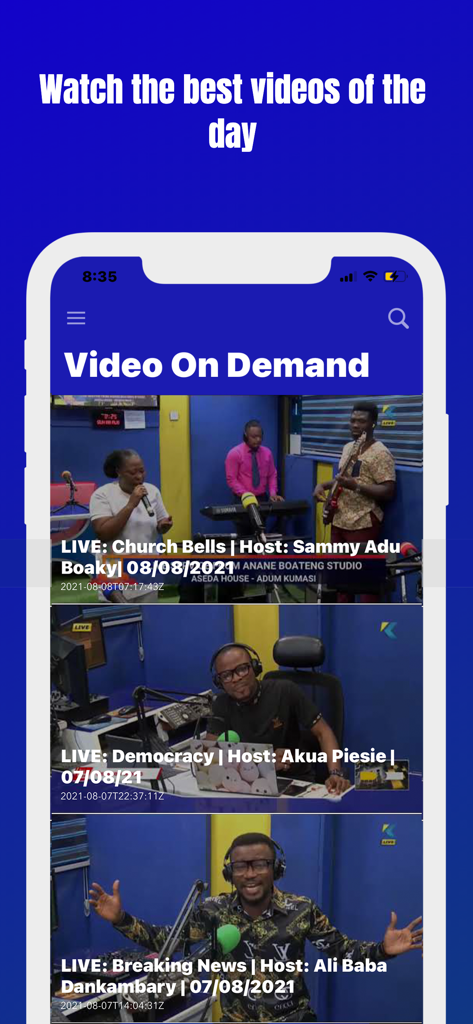 Kessben Online app interface showing a Video On Demand list with live news and talk show episodes