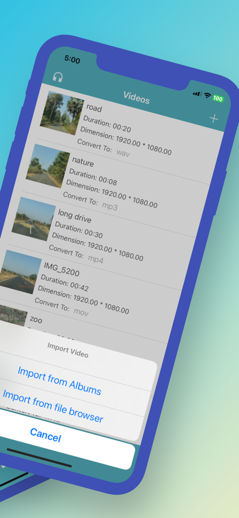 Una pantalla de teléfono inteligente que muestra una lista de videos y un menú de importación para una aplicación de conversión de video a mp3.
