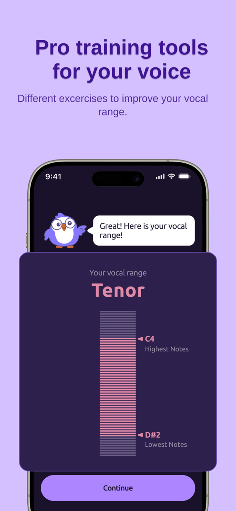 Vocaflow - Singing Coach - Vocaflow app screen showing a tenor vocal range analysis with a chart indicating highest and lowest notes