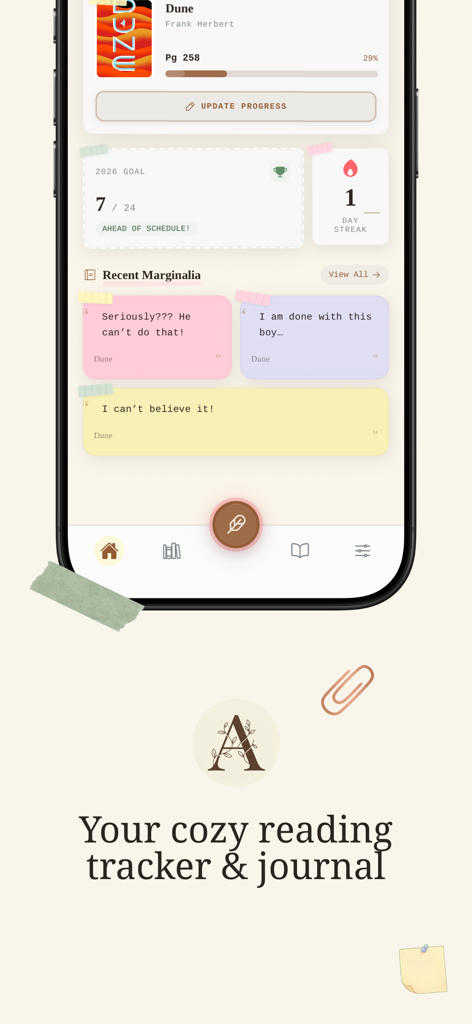 Book Tracker & Journal - Alia - A cozy reading tracker app interface showing current book progress and aesthetic digital notes