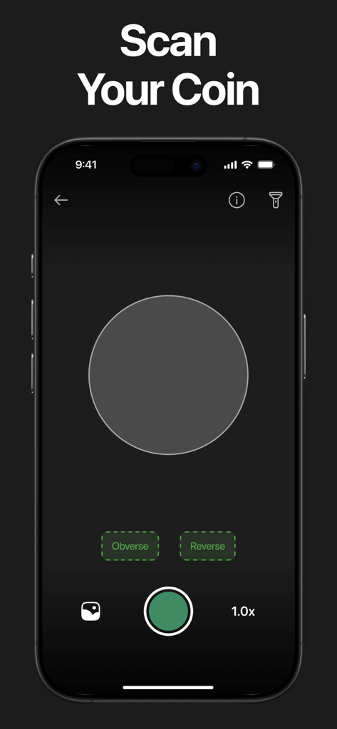 Smartphone screen showing the scan your coin feature with camera viewfinder and coin side selection