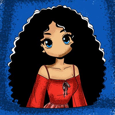 a black anime girl with long afro hair