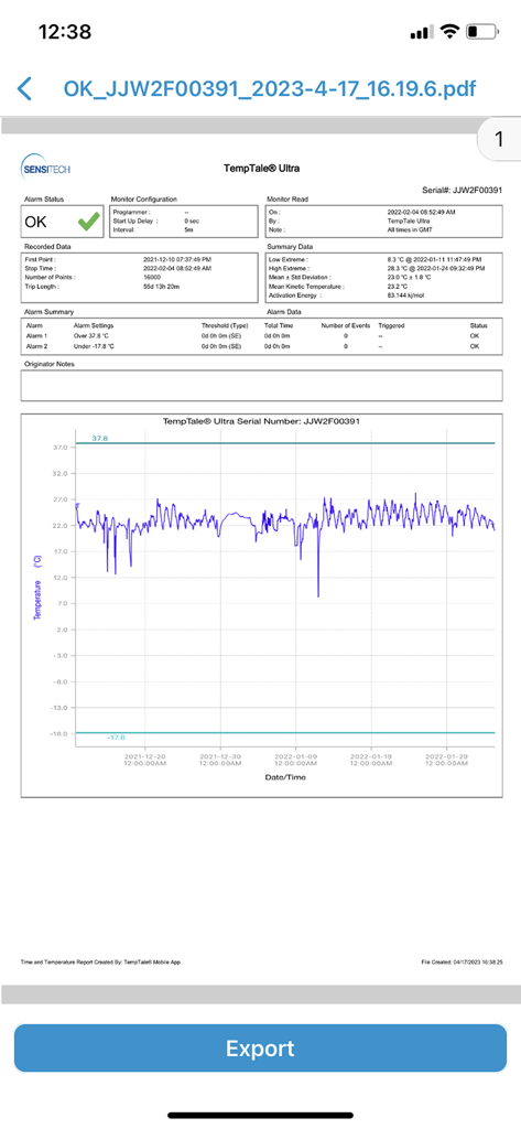 TempTale App - A detailed temperature monitoring report in the TempTale App showing a data graph and a green OK alarm status