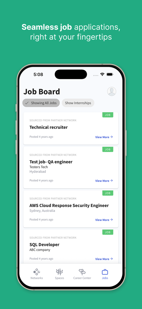 My Alumni Network - A mobile phone displaying the Job Board screen of the My Alumni Network app with several professional job listings.