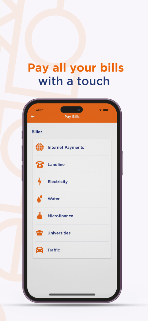ONE Cash: Digital Wallet - Interface do aplicativo de carteira digital ONE Cash mostrando opções de pagamento de contas de eletricidade, água e internet