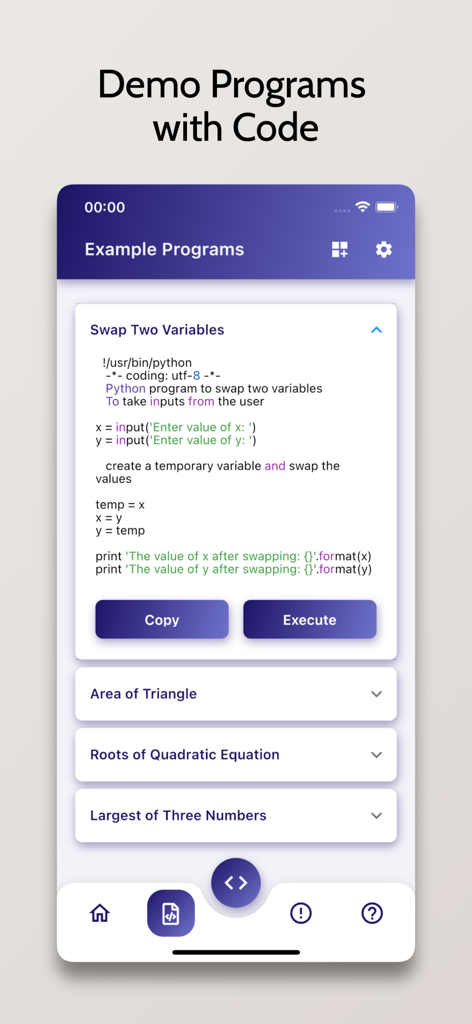 Python Compiler - Run .py Code - Python code example screen showing a program to swap two variables with copy and execute buttons