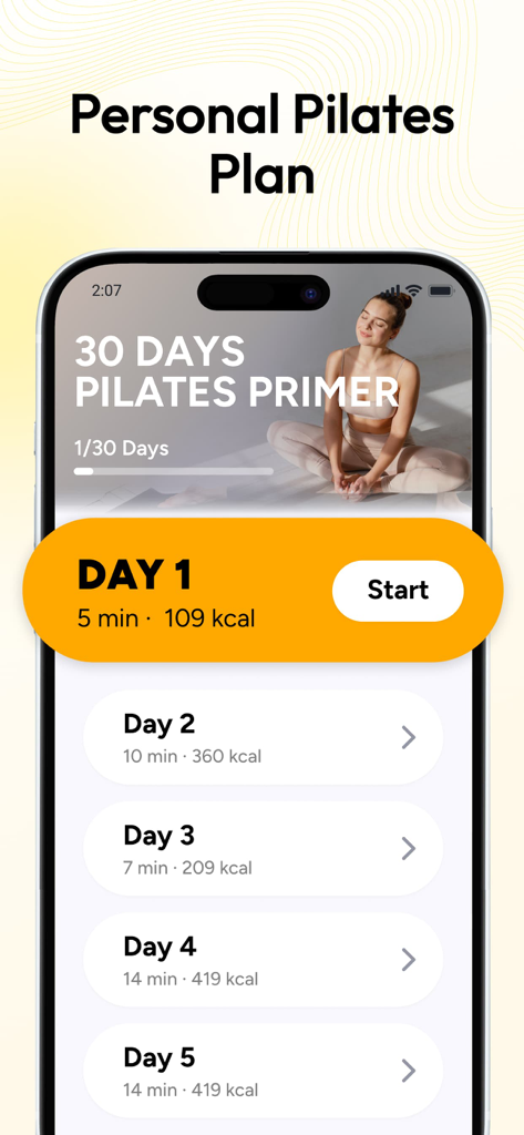 Pilates at Home, Wall Pilates - Mobile app interface featuring a personalized 30 day pilates training plan