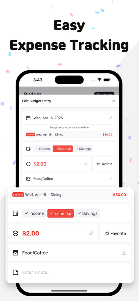 MoneyLog: Budget & Expense - Una pantalla de aplicación móvil minimalista para MoneyLog que muestra una entrada de presupuesto manual para gastos de comida y café.