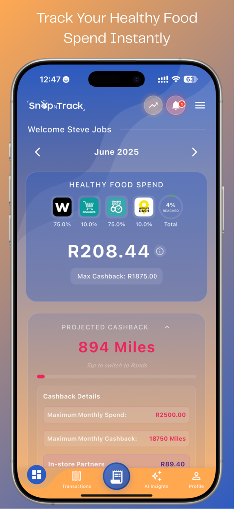 Snap N Track - Panel de la aplicación Snap N Track que muestra el gasto mensual en alimentos saludables y las recompensas proyectadas