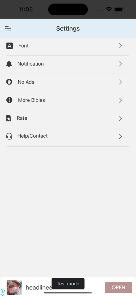 Ang Biblia - Tagalog Bible - Settings menu of the Ang Biblia Tagalog Bible app showing options for font, notifications, and help