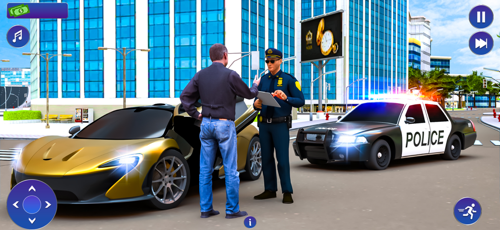 Officer Police Games:Patrol 3D - A police officer conducting a traffic stop of a gold sports car in a city simulation game