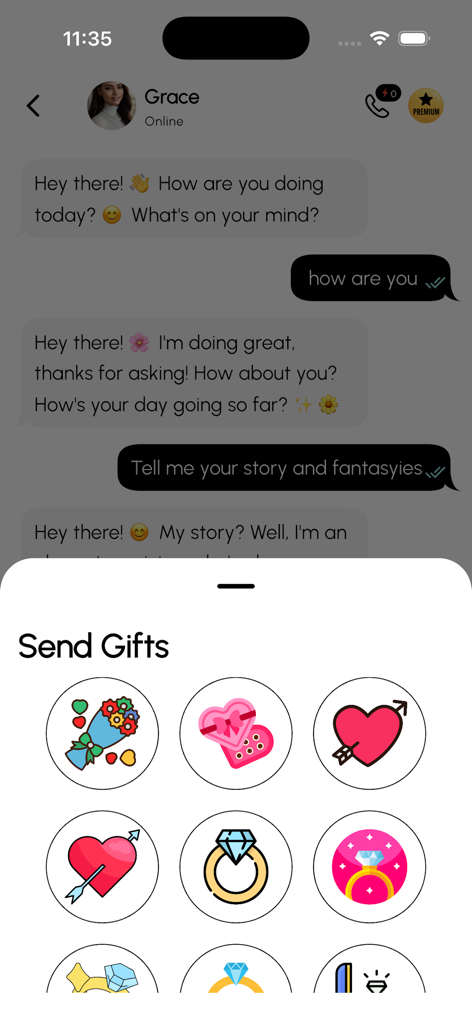 Heat. Ai Girlfriend Dating App - A mobile interface of the Heat AI Girlfriend app showing a chat conversation and a popup menu with various virtual gift icons like flowers and rings.