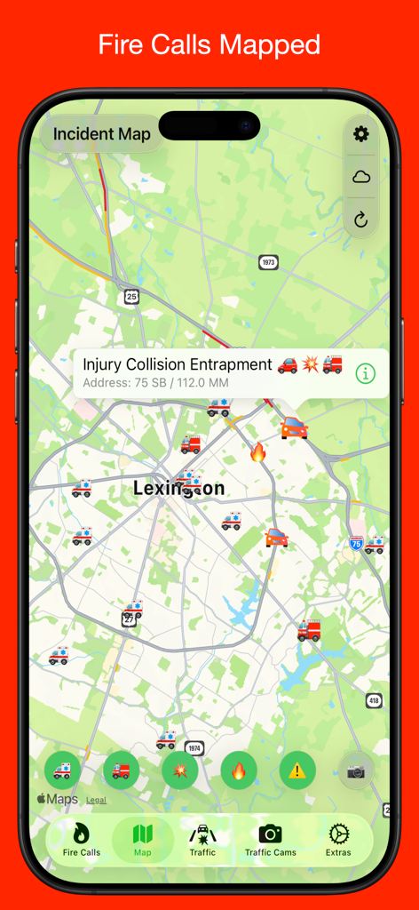 DriveLex - DriveLex app interface showing an interactive map of Lexington Kentucky with real-time fire and emergency incident icons.
