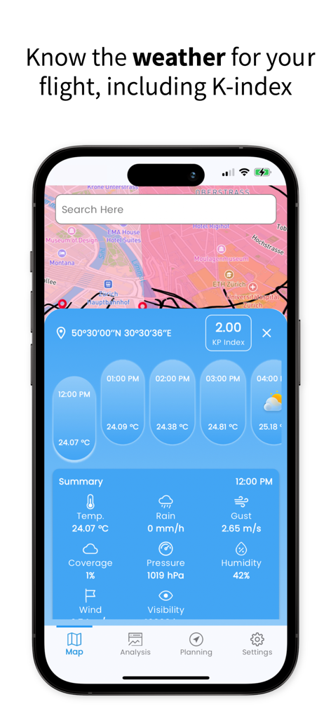 SkyGuard for Drones - Weather forecast and KP Index dashboard within the SkyGuard for Drones app
