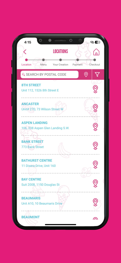 Marble Slab - Marble Slab mobile app screen showing a list of store locations and a postal code search bar.