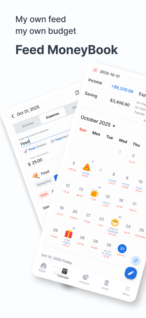 Feed MoneyBook Pro - Two mobile app screens showing a budget calendar with emoji icons and an expense entry form for Feed MoneyBook Pro