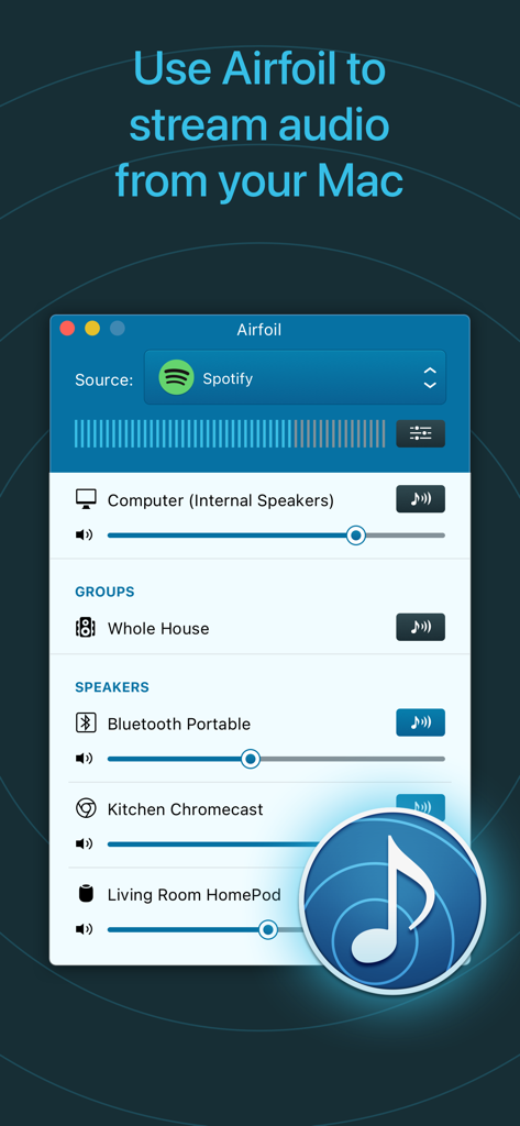 Airfoil Satellite - Airfoil Satellite interface showing audio streaming from a Mac to different speakers