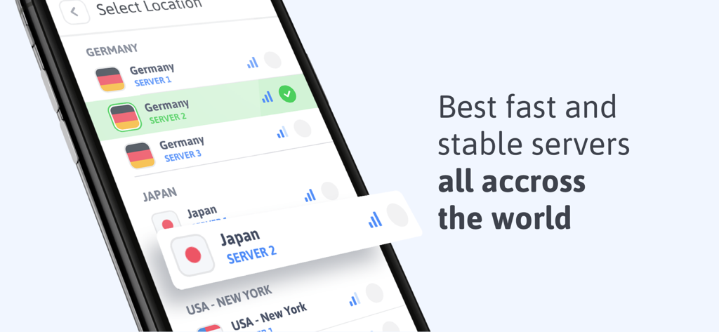 A mobile phone screen displaying a list of global VPN server locations including Germany Japan and the USA
