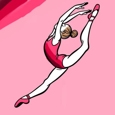 gymnast doing a leap in a leotard with a bent back leg