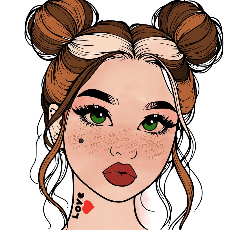 realistic girl with two buns on her hair and lips