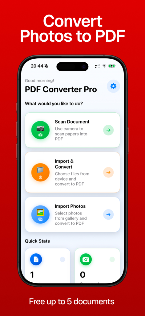Photo to PDF - Converter Scan - Mobile app interface for PDF Converter Pro showing options to scan documents, import and convert files, and import photos.