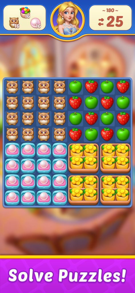 Fruit Diary 2: Match 3 Offline - Match 3 puzzle board featuring apples, strawberries, owls, and pearls in Fruit Diary 2