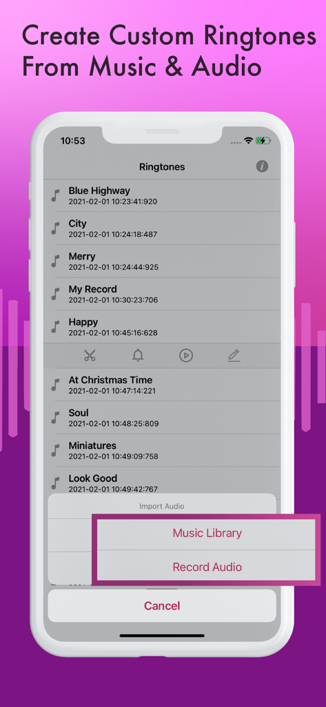 Ringtone Maker . - Pantalla de la aplicación de iPhone que muestra opciones para crear tonos de llamada personalizados a partir de la biblioteca de música o audio grabado.