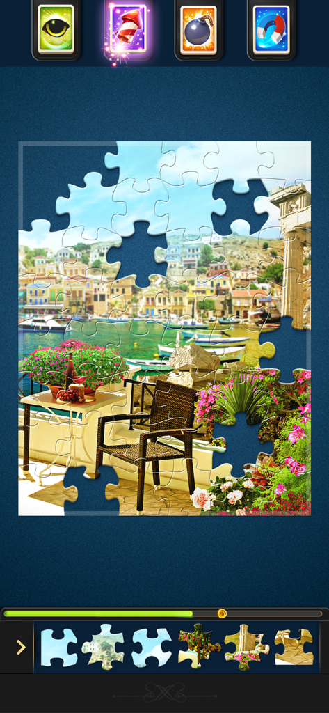 Puzzle Villa: Jigsaw Games - Teilweise fertiges Puzzle einer malerischen mediterranen Terrasse in Puzzle Villa