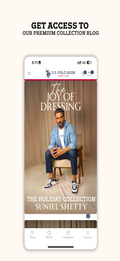 U.S. Polo Assn. - U.S. Polo Assn. mobile app home screen showcasing the Holiday Collection featuring Suniel Shetty