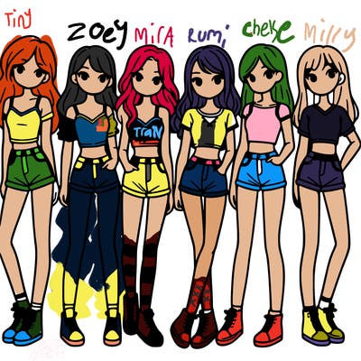 a group of girls wearing crop tops and shorts