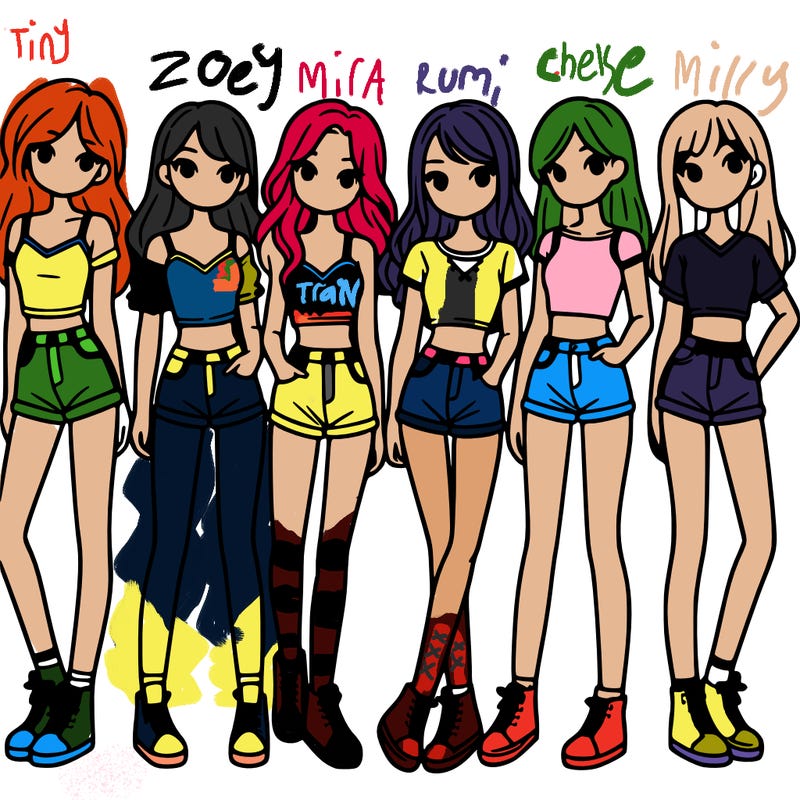 a group of girls wearing crop tops and shorts