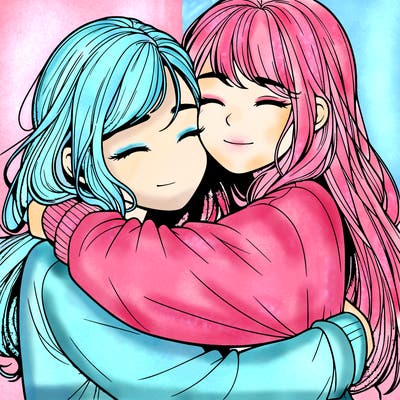 realistic two girls hugging