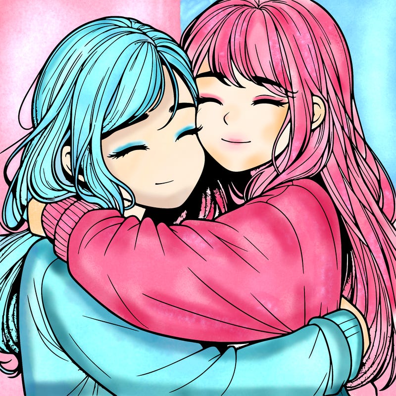 realistic two girls hugging