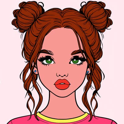 realistic girl with two buns in hair and lips