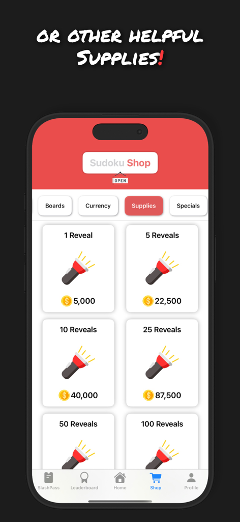Sudoku Multiplayer Puzzles - Interfaccia del negozio Sudoku che mostra forniture potenzianti come rivelazioni acquistabili con monete