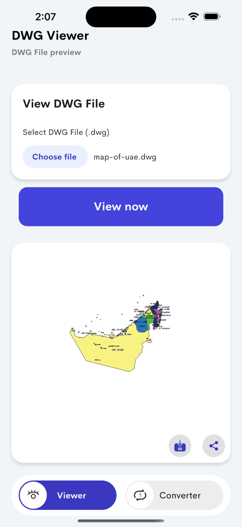 Interface of the DWG Viewer app showing a preview of a map of the UAE from a CAD file on a mobile device.