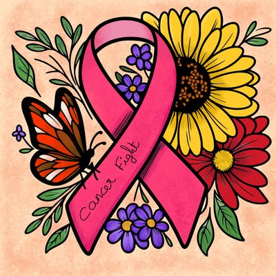 cancer awareness symbol with flowers and butterflies