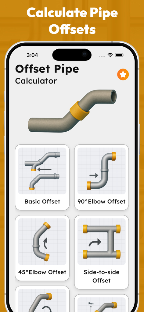 User interface of the Offset Pipe Calculator app showing options for basic, 90-degree, 45-degree, and side-to-side pipe offsets.