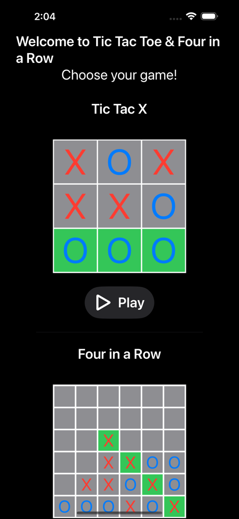 Tic Tac Toe & Four in a Row - Game selection screen for Tic Tac Toe and Four in a Row app.
