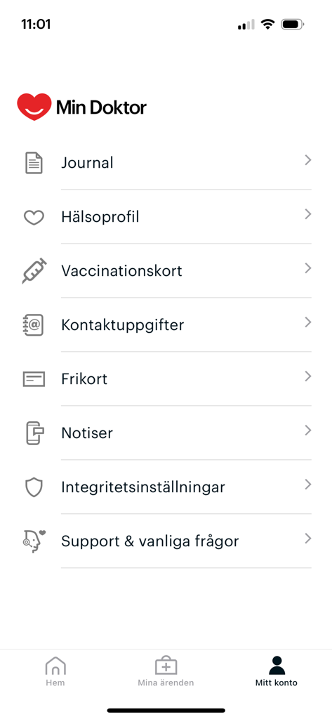 Min Doktor – Vård & vaccin - Menu de definições de conta na aplicação Min Doktor mostrando o perfil de saúde e opções do cartão de vacinação