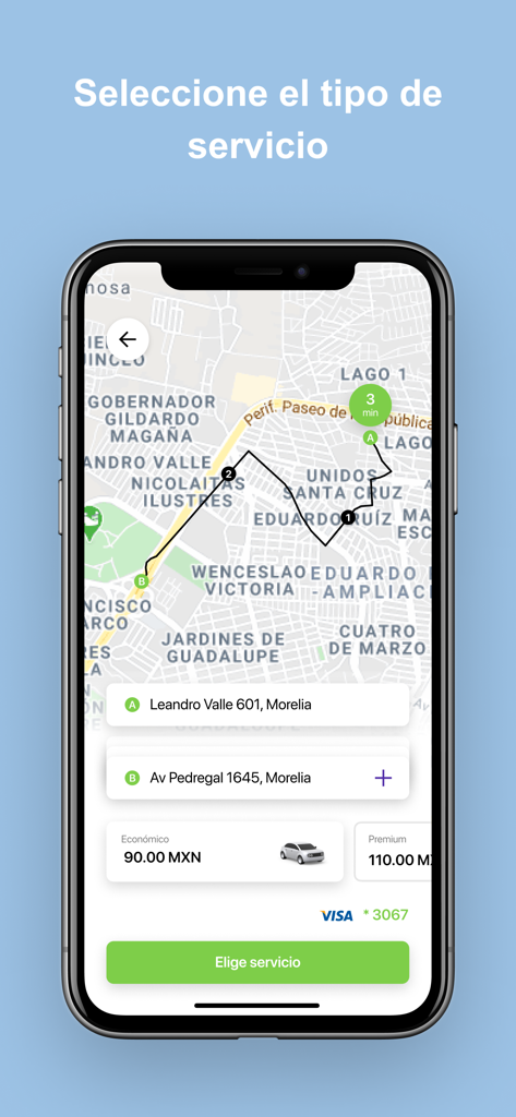 Mobile screen of the Bit Pro app showing a map route and ride service options with prices in Spanish.