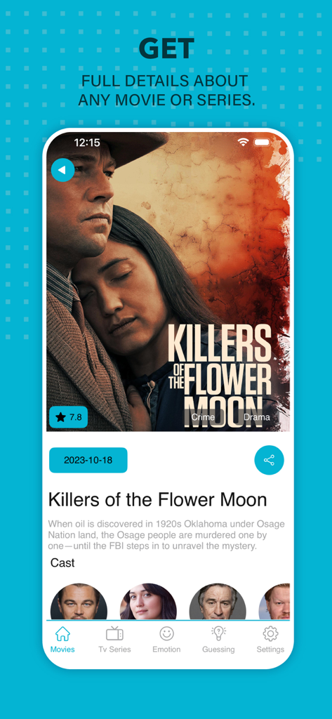 MyFlixer app interface showing movie details and cast for Killers of the Flower Moon