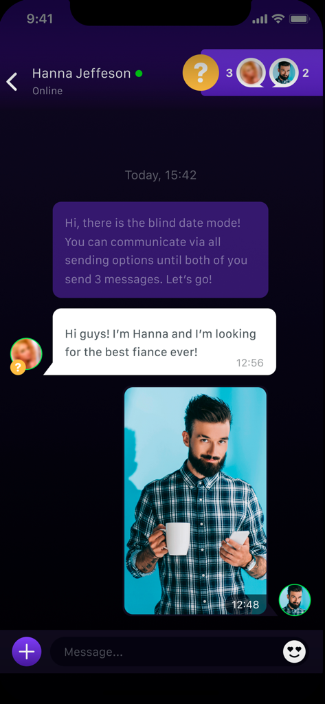 Interface of the 18+ Flirt Chat app showing a conversation in blind date mode with text messages and a shared photo