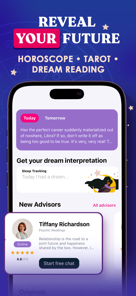 Interface of Love Wise app featuring horoscope tarot and dream reading tools