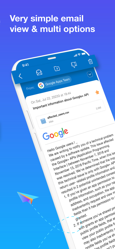 Simple email view with multiple options on the Email for Outlook Hotmail app