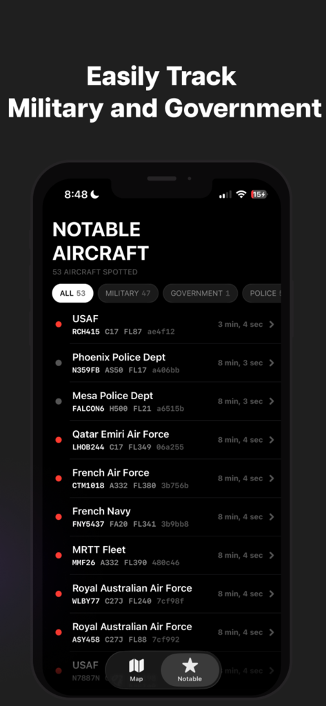 FlightDeck - Flight Tracker - A list of notable military and government aircraft being tracked in the FlightDeck app
