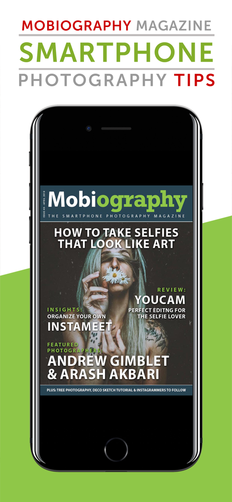 Mobiography Magazine - A smartphone displaying the cover of Mobiography Magazine featuring smartphone photography tips and artistic selfie tutorials.