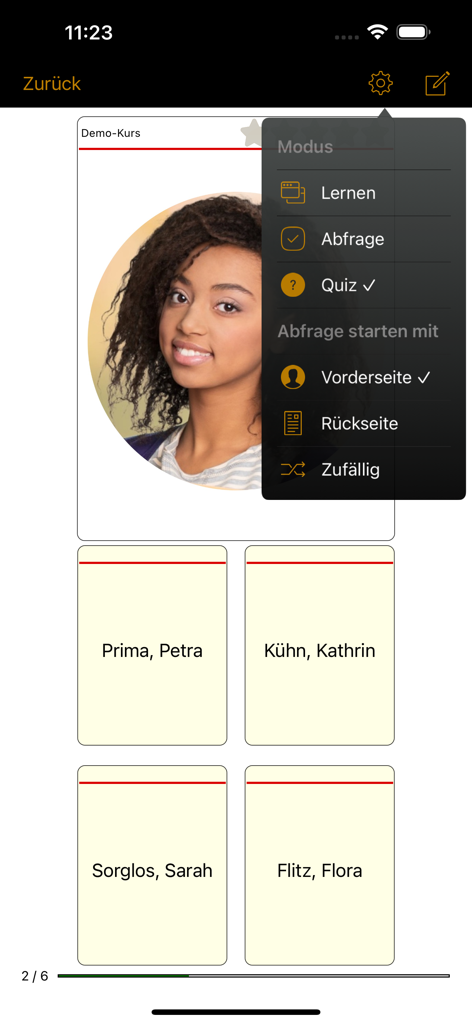 TT Tutor - TT Tutor app interface showing a student photo quiz with multiple name options and settings menu