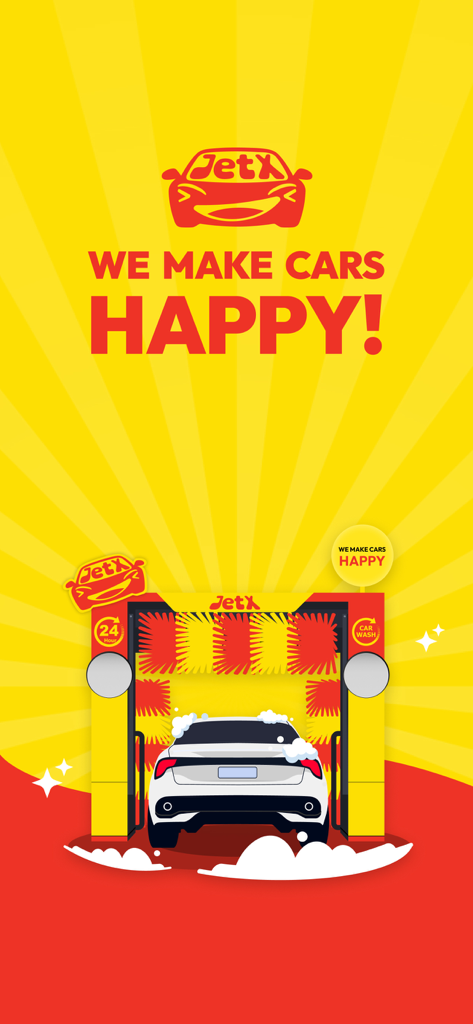 JETX Car Wash - JETX Car Wash promotional screen showing an automated car wash machine with the slogan We Make Cars Happy