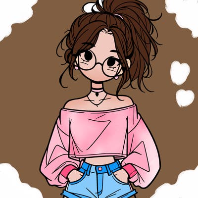 girl with a messy ponytail glasses a baggy crop top and jean shorts